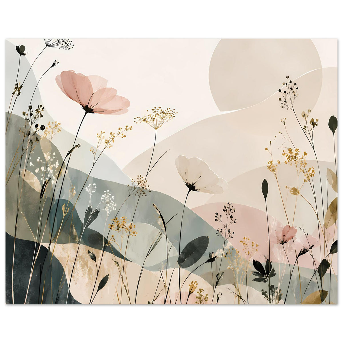Florales abstraktes Poster im Querformat, zarte Blüten und feine Linien im Pastelllook