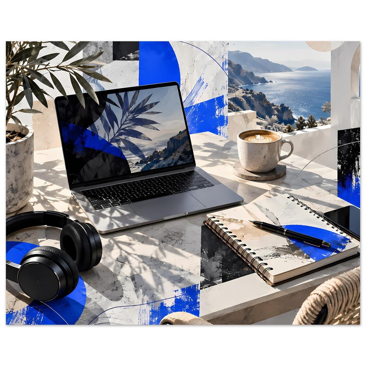 Poster mit Küstenszene: Laptop, Kaffeetasse, Notizblock und Kopfhörer, blaues Muster im Vordergrund