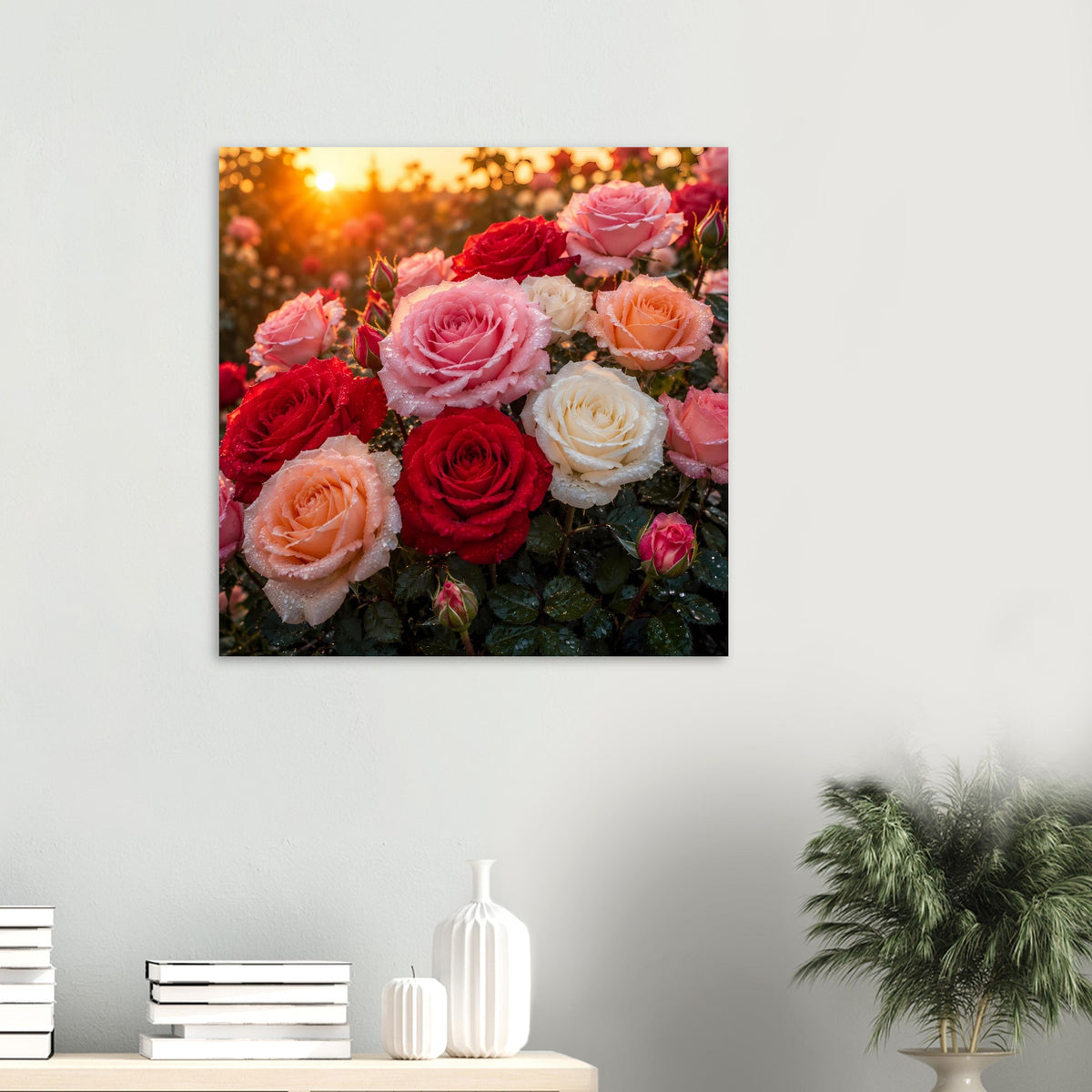 Quadratisches Rosenposter mit Blüten in Rosa, Rot, Orange und Weiß