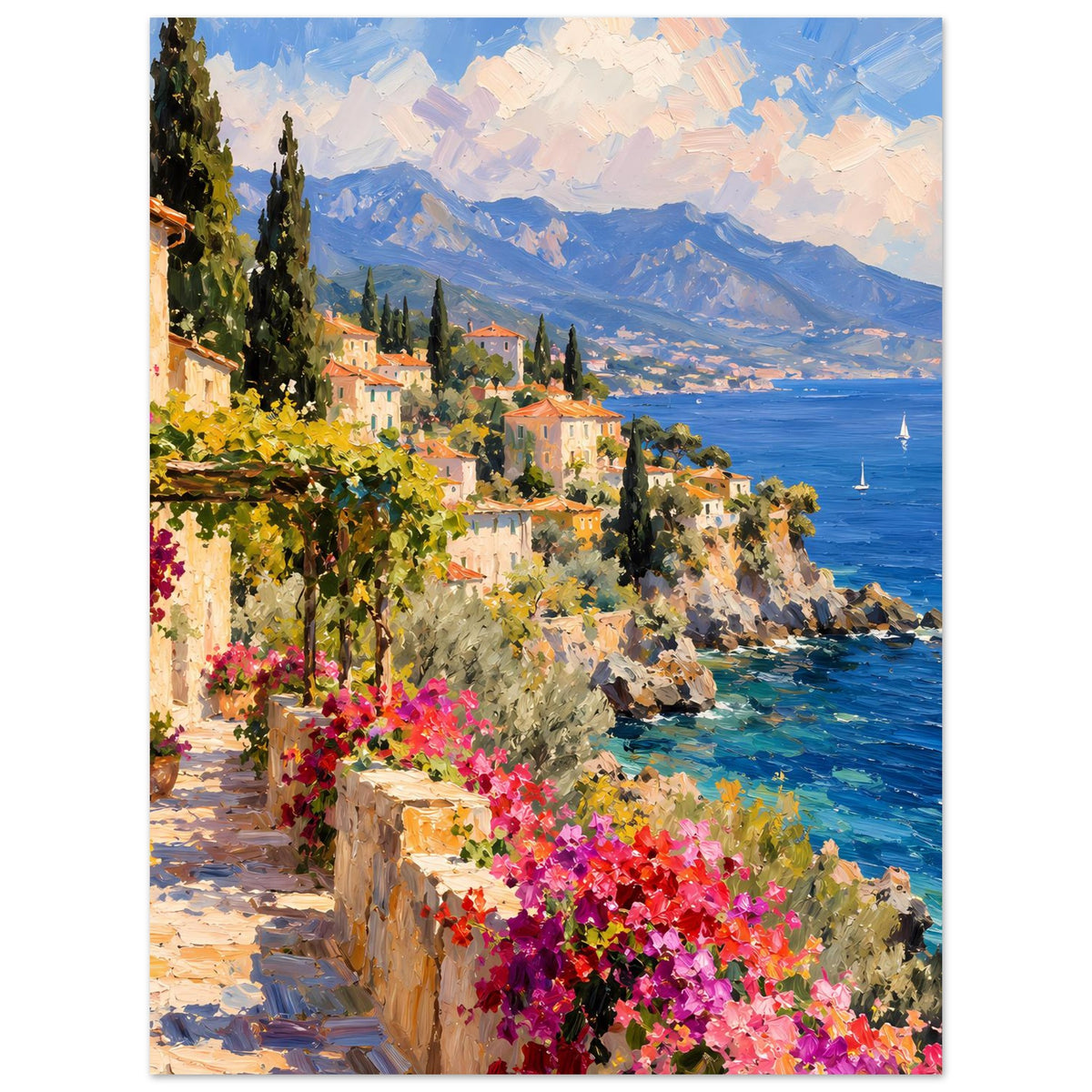 Hochformat-Poster mit Küstenweg, bunten Häusern, Zypressen und pinken Blüten am Meer