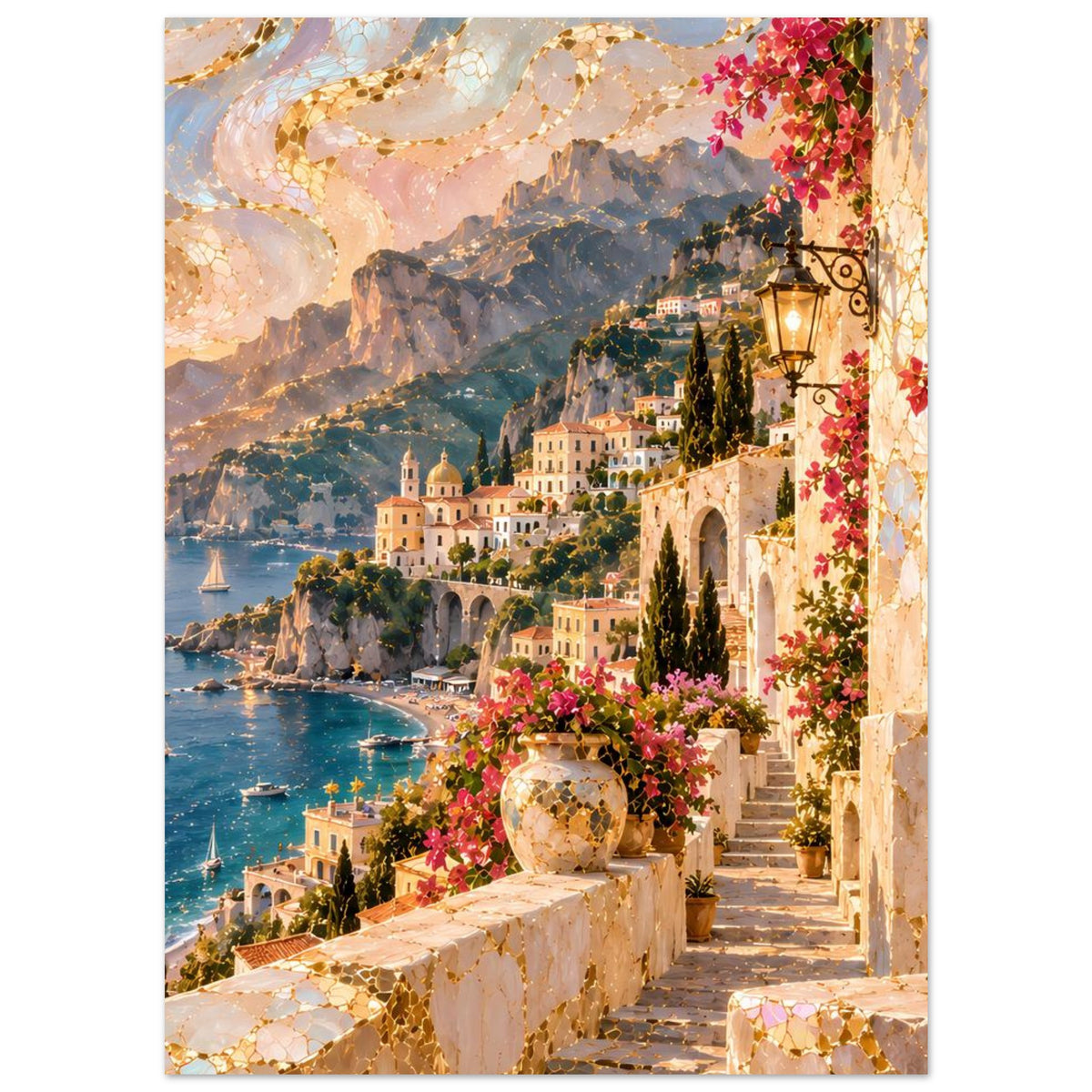 Vertikales Poster: Küstenpromenade mit Bergdorf im Abendlicht, Meerbucht, Blumen und Laterne