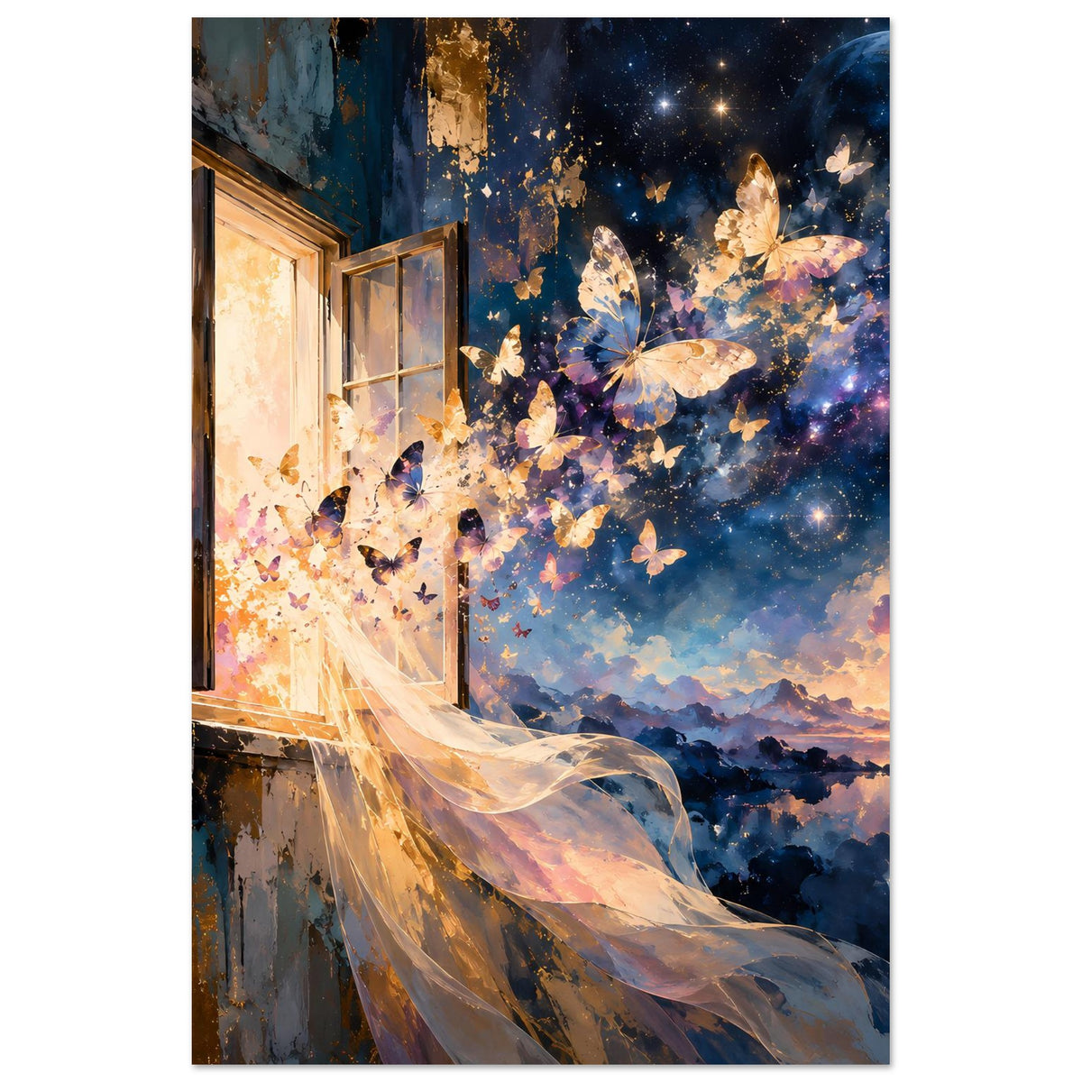 Kunstposter mit Schmetterlingen, Sternenhimmel und Mond über einer Fensterfront
