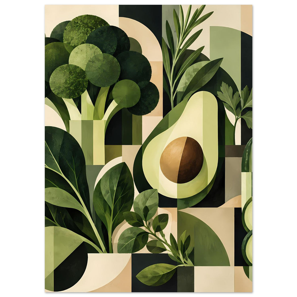 Geometrisches Poster mit grüner Gemüseillustration: Baum, Blätter und Avocado im Muster