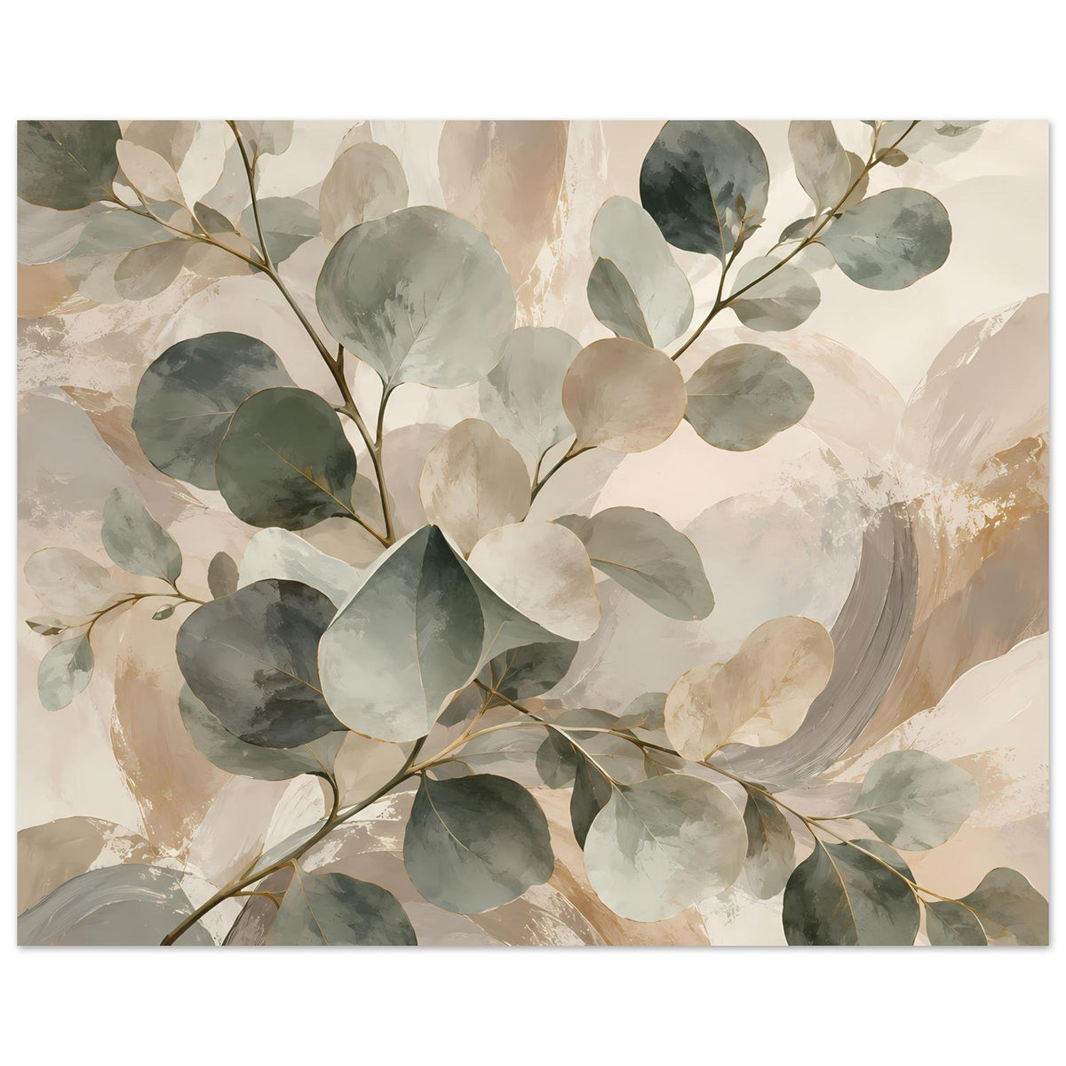 Botanisches Poster: Aquarellblätter in Salbeigrün, Beige und sanften Grautönen