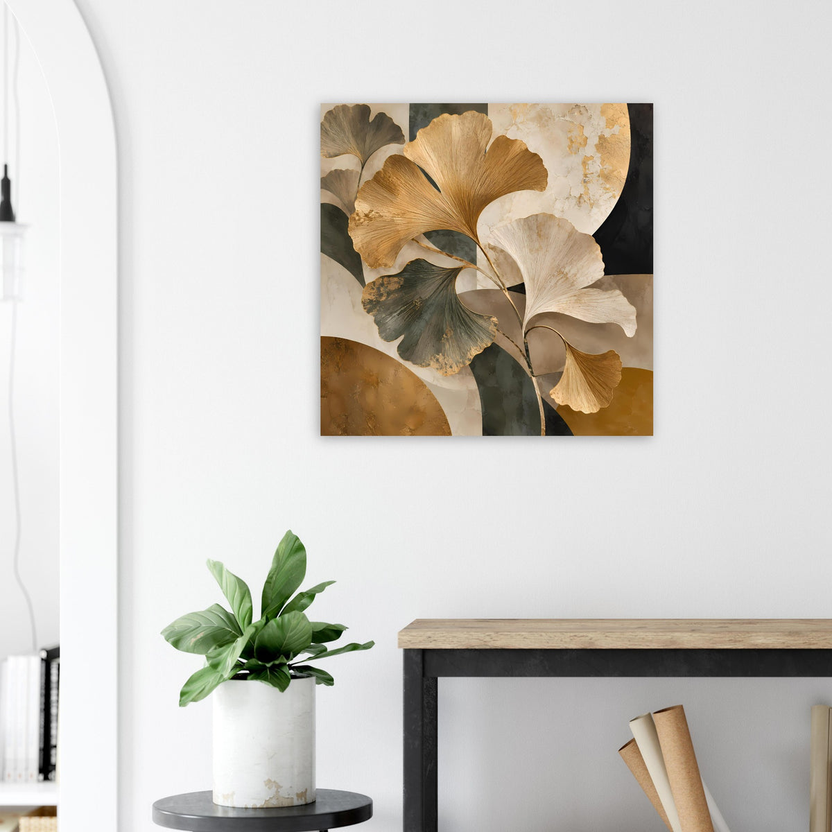 Quadratisches Poster mit Ginkgo-Blättern in Gold- und Brauntönen, abstrakte Texturen
