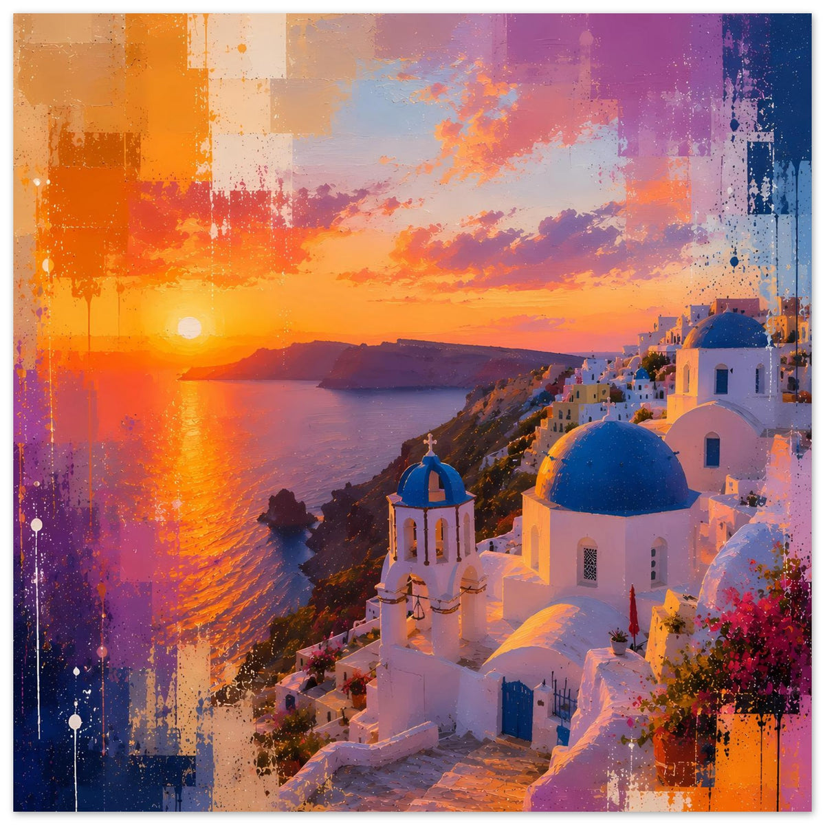 Poster mit Küstenpanorama, blau gekuppelte Kirche, kontrastreiche Farbspritzer in Orange und Violett