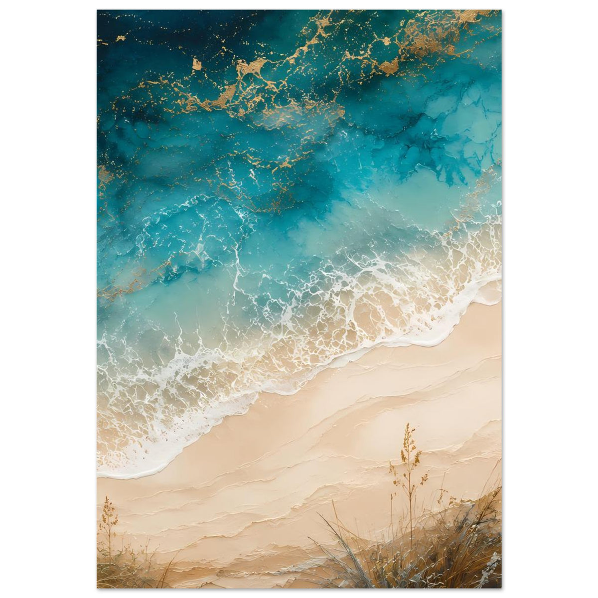 Küstenposter mit Wellen schäumend in Weiß, darunter Sand und türkisblaues Meer