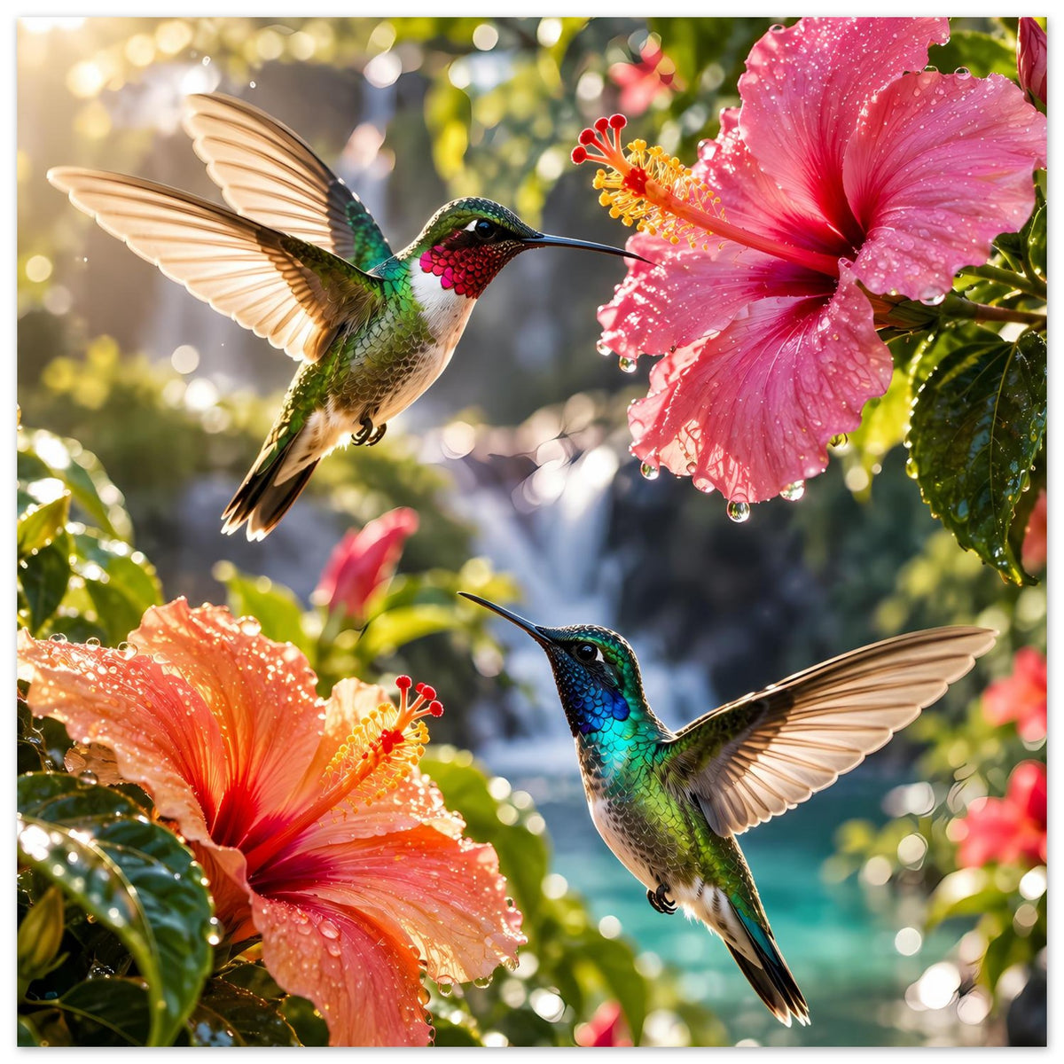 Poster im Querformat: zwei Kolibris zwischen Hibiskusblüten in Pink und Orange