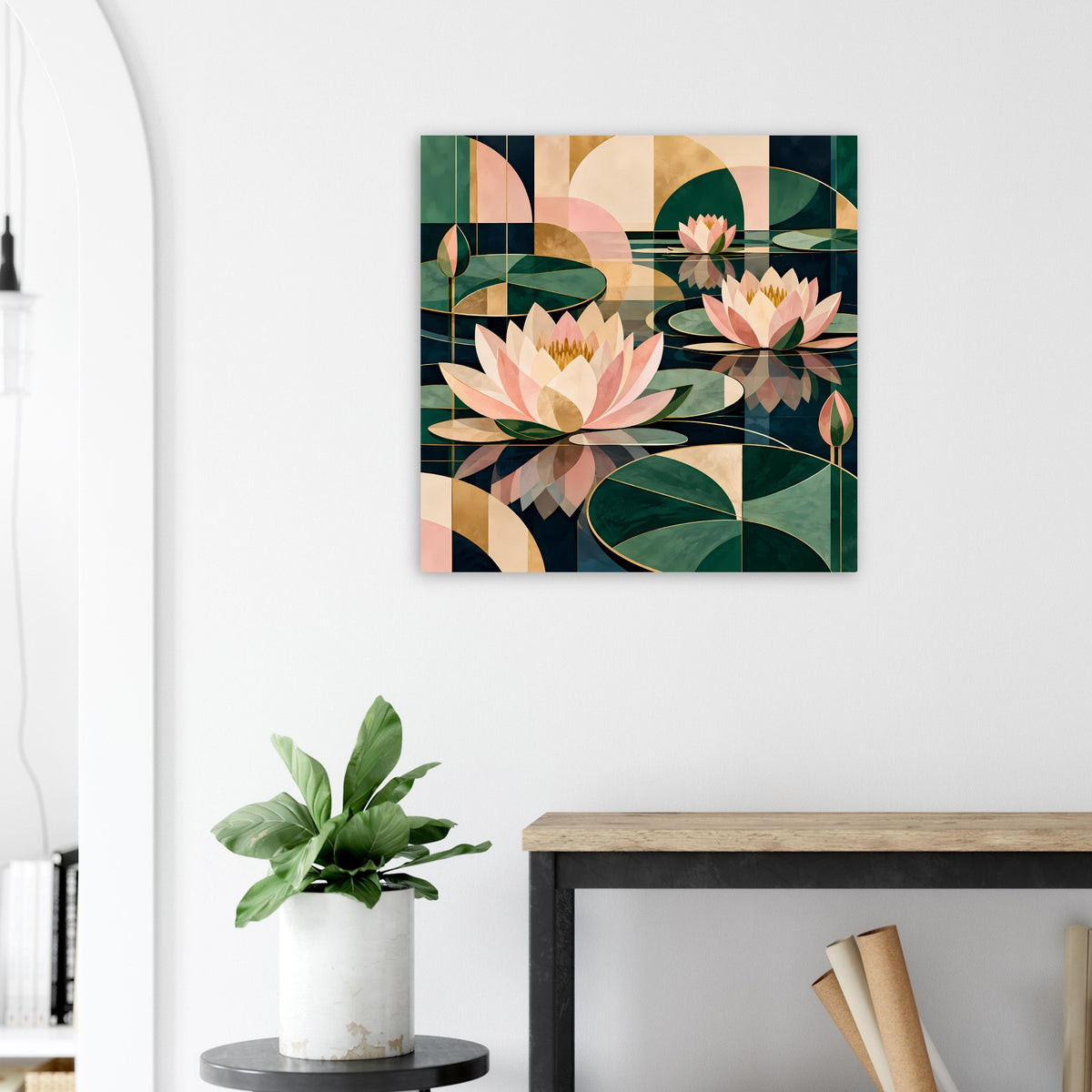 Lotus-Grafik-Poster mit grünen und rosafarbenen Blüten, quadratisch