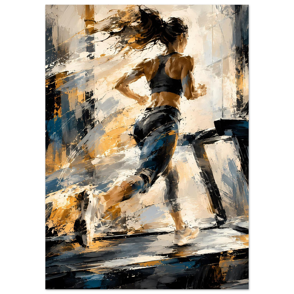 Laufposter mit abstrakter Läuferin, schwarze Haare im Zopf, schwarzes Top, dunkle Leggings