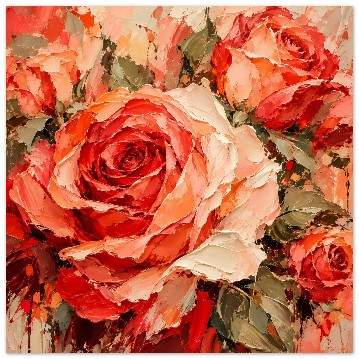 Gerahmtes Hochformat-Poster mit Rosenmotiv in kräftigem Rot und Creme, mit Blattdetails