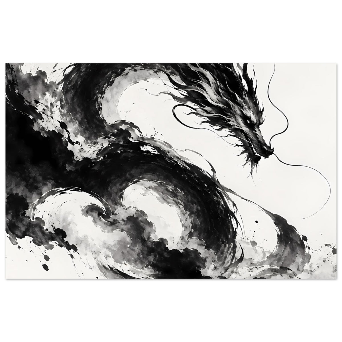 Drachenkunst-Poster in Schwarzweiß mit dynamischer Drachen-Silhouette, horizontal