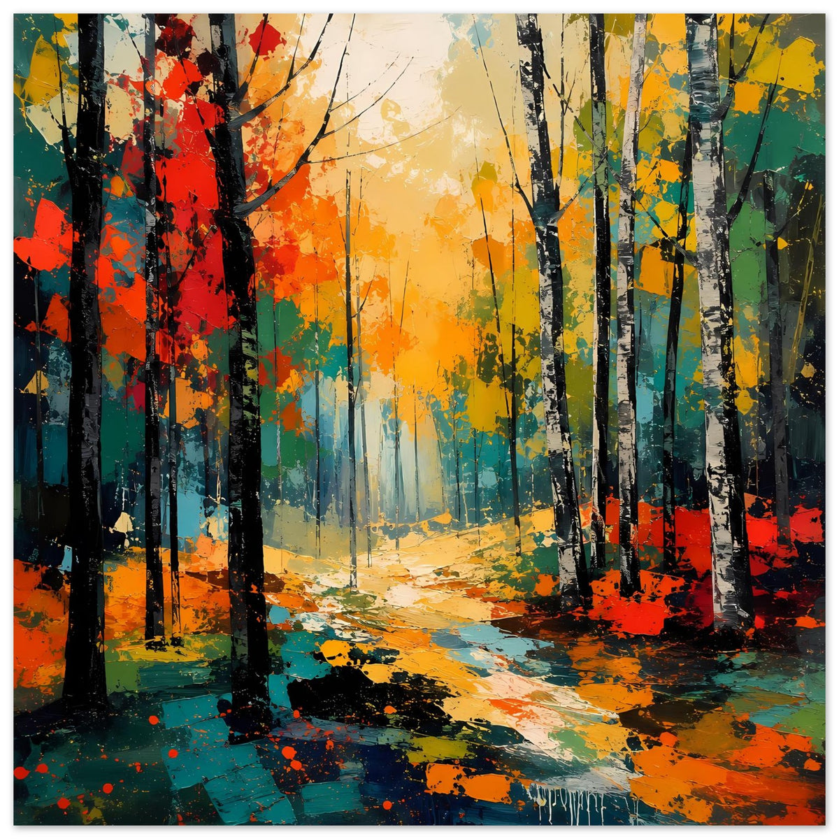 Herbstwald-Poster: dunkle Stämme, leuchtende Farbflächen und heller Weg im Wald