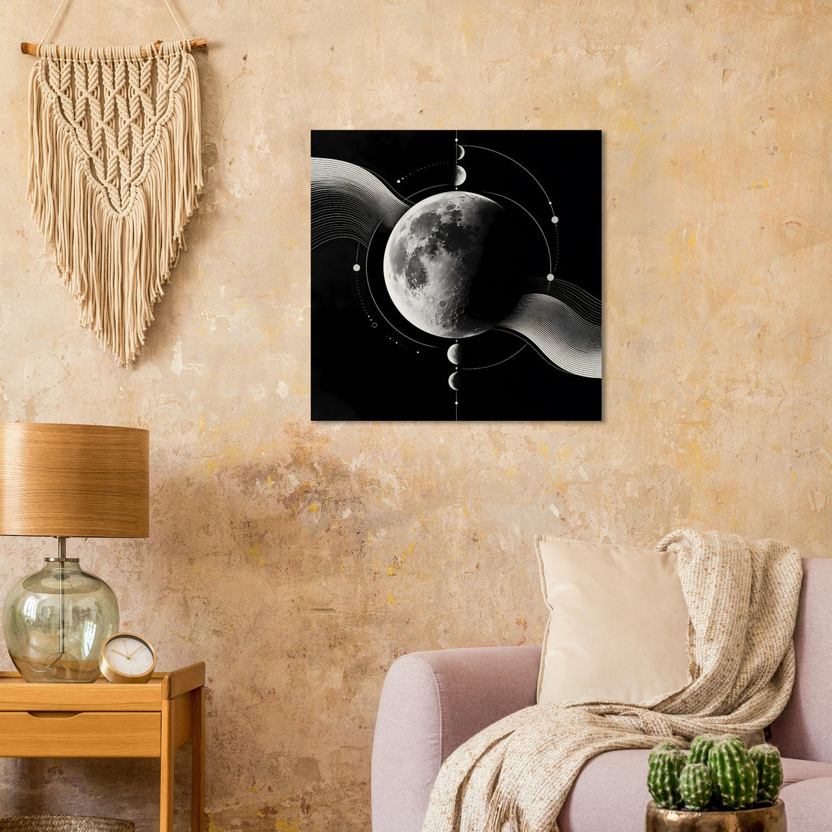 Gerahmtes Poster mit silbernem Mond, abstrakten Kreisen und Wellenlinien auf Schwarz