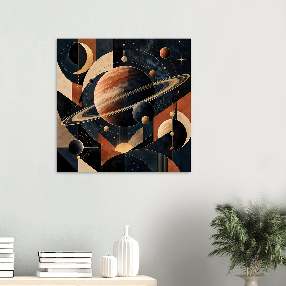 Quadratisches Poster mit großem Planeten, Saturnring und Monden; goldene Linien auf dunkelblauem Hintergrund.