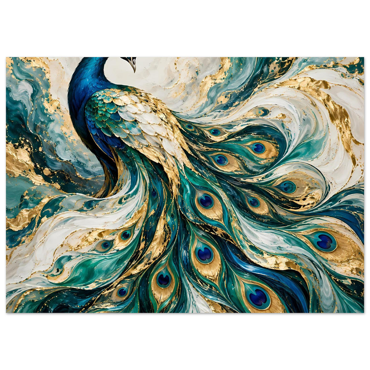 Kunstposter mit Pfau in Petrol und Gold, Fokus auf Kopf und geschwungene Federn