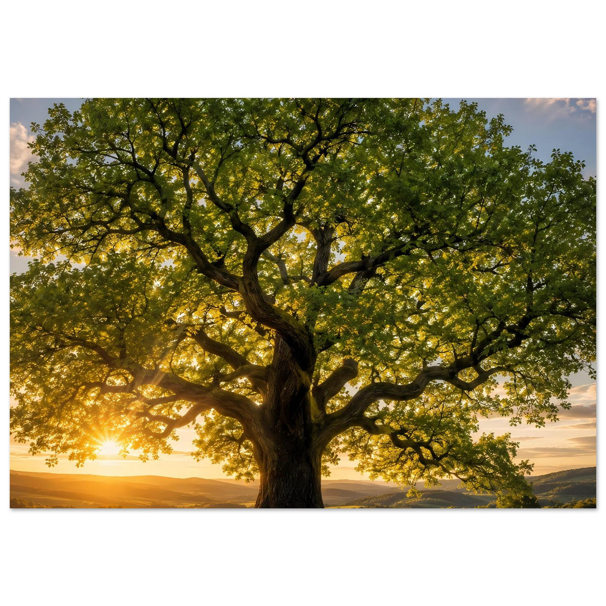 Baum-Poster im Querformat: großer Baum mit grüner Krone, warmes Licht am Horizont