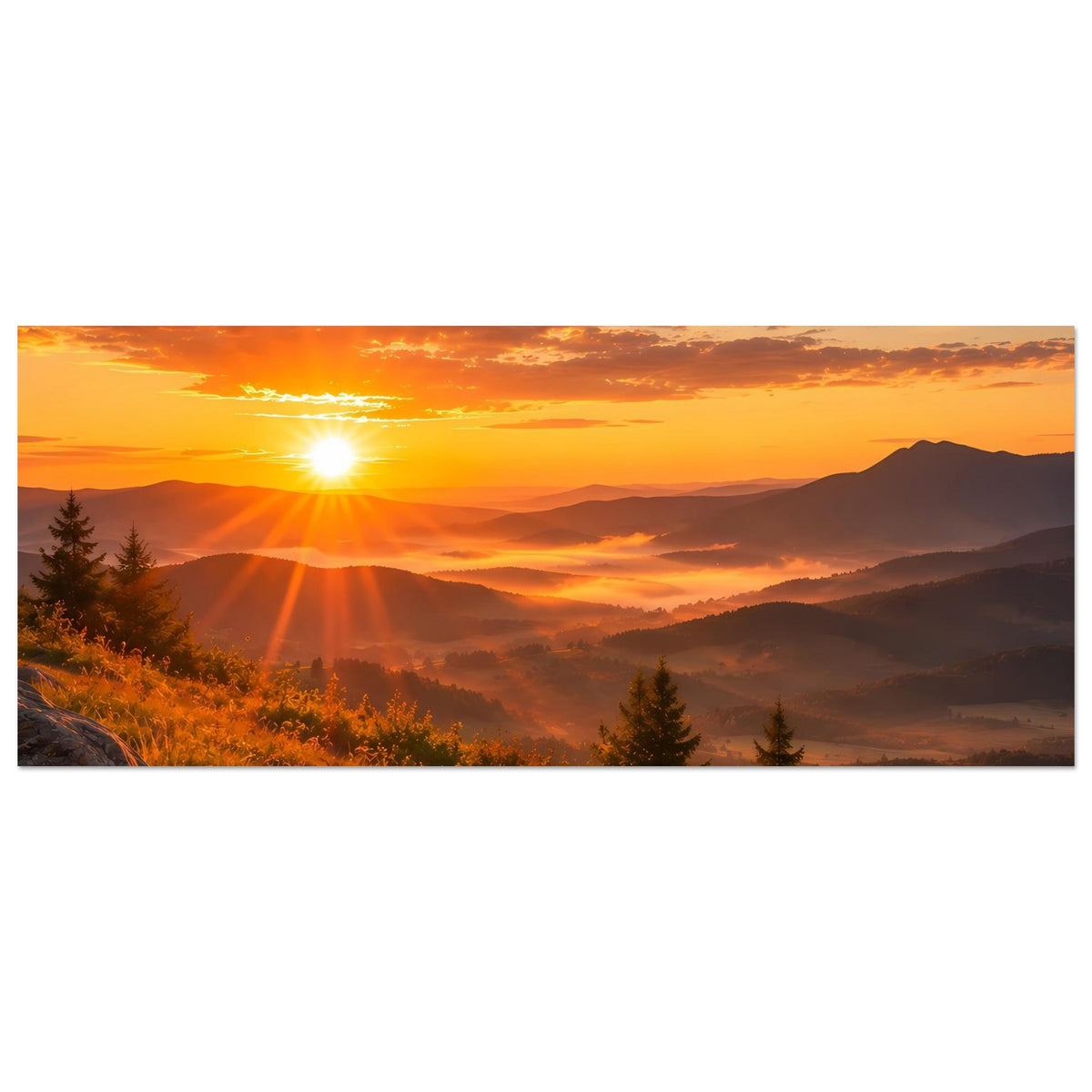 Horizontaler Landschaftsposter-Print mit Sonnenuntergang, Bergen, Wiese und Tannen