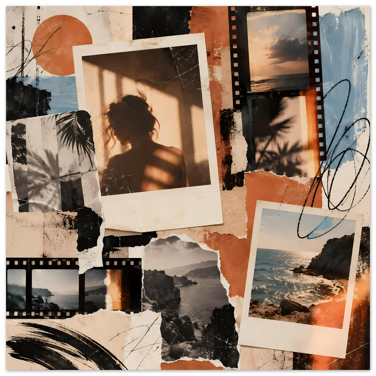 Vintage Collage-Poster mit mehreren Filmstreifen-Frames, orange/hellblauen Farbflächen und Kritzeleien