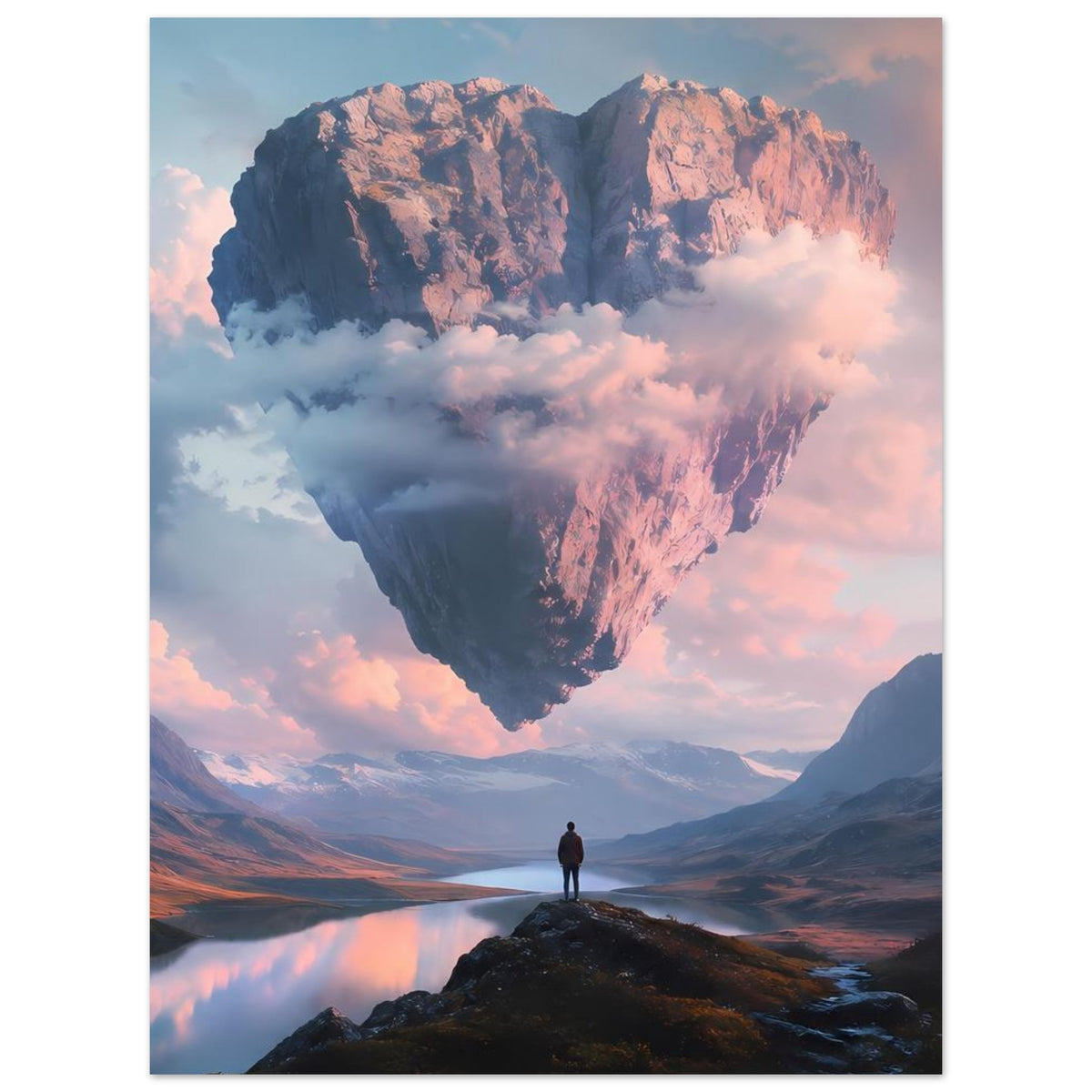 Poster: schwebendes Felsherz, Berglandschaft mit See und Person vor Felsen