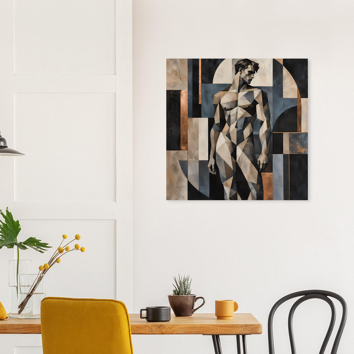 Kunstposter mit geometrischer Aktfigur, kontrastreiche geometrische Rechtecke