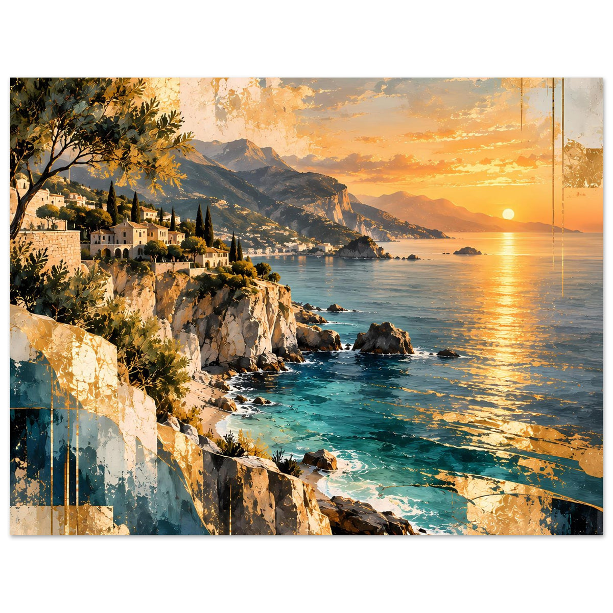 Poster mit Sonnenuntergang über dem Meer, Küste mit Felsen und türkisfarbenem Wasser
