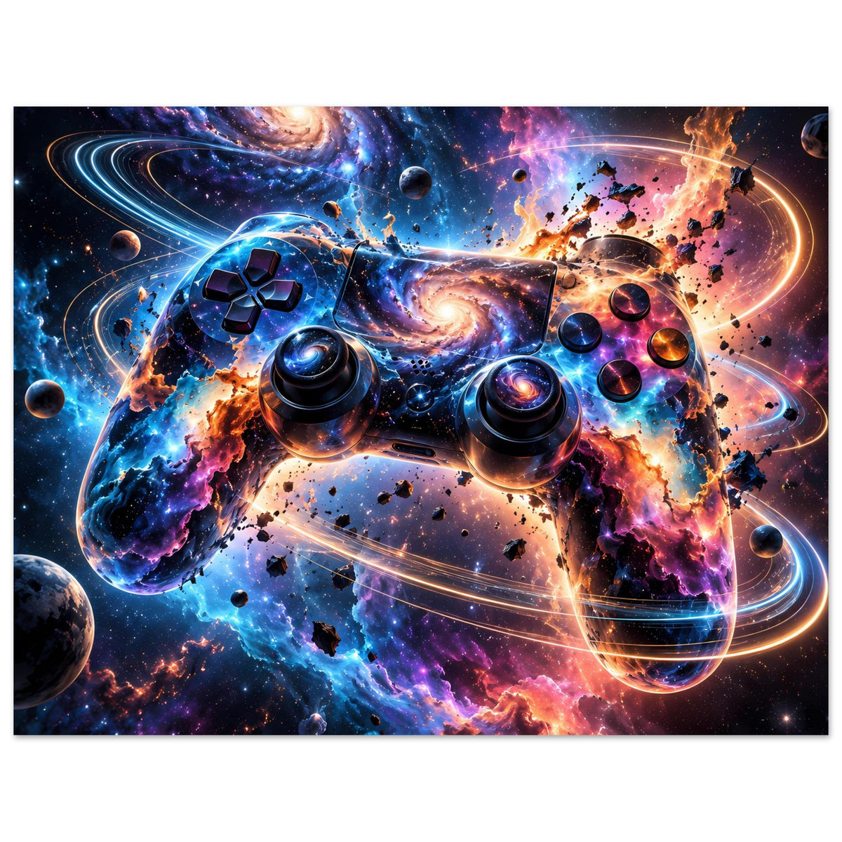 Poster mit Galaxie-Gaming-Controller, Querformat, leuchtender Controller-Print im Rahmen