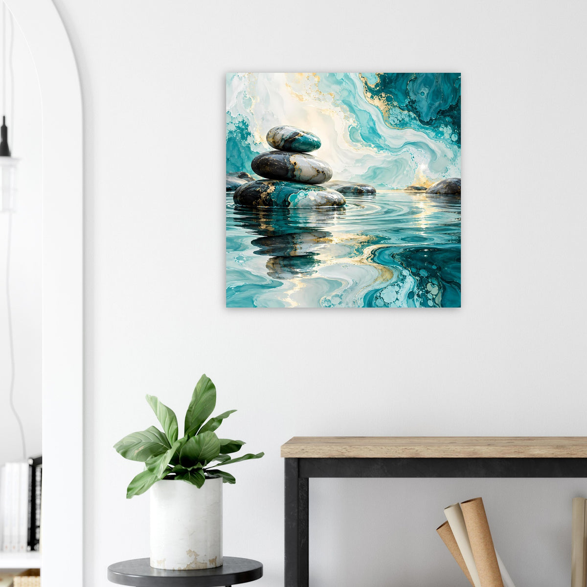 Zen-Poster mit türkisblauen Strömungen und gestapelten Steinen auf spiegelndem Wasser