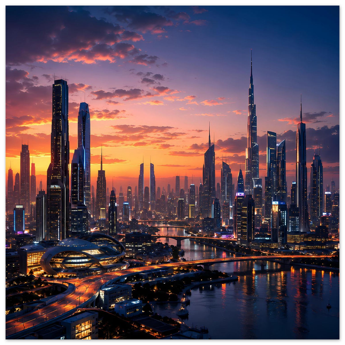 Poster mit Skyline, Wolkenkratzer und Fluss bei Sonnenuntergang
