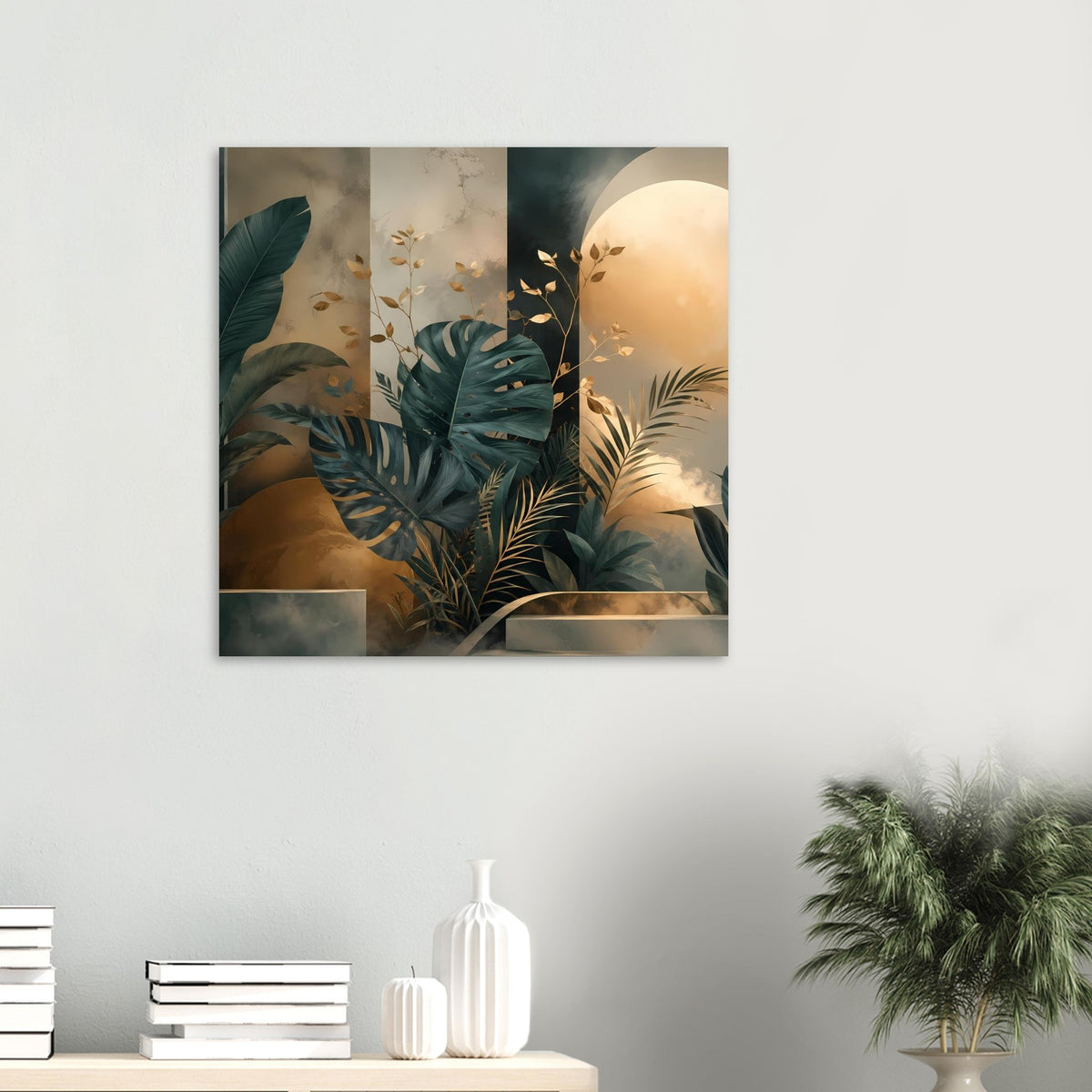 Dreiteiliges Poster mit tropischen Monstera- und Palmenblättern, Petrolgrün und Gold
