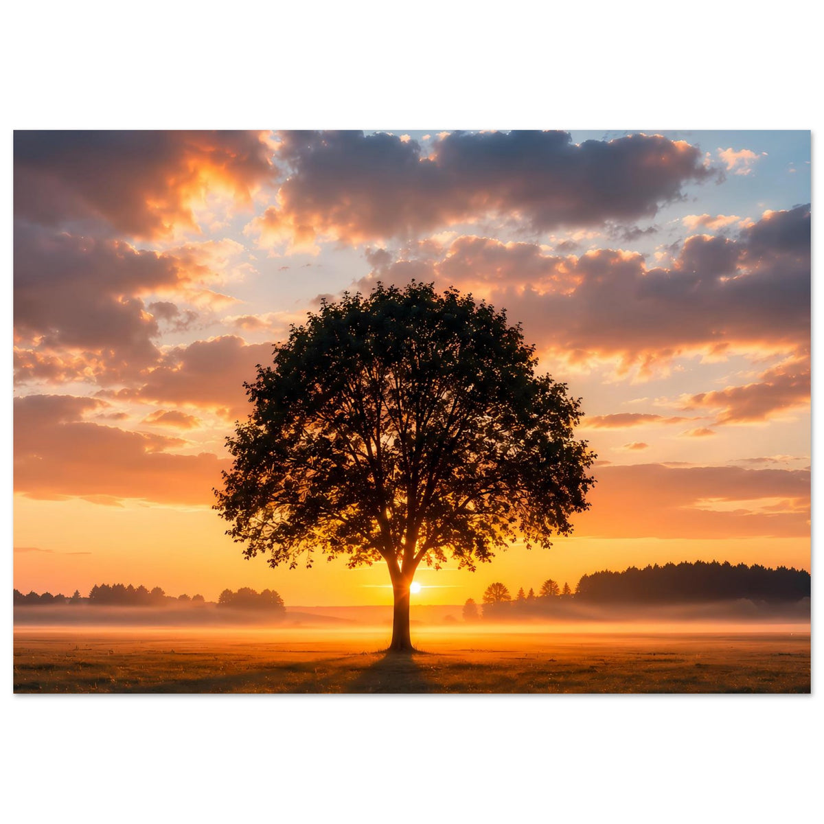 Wandposter mit einzelstehendem Baum im Sonnenuntergang, Wiese und warme Wolkenfront