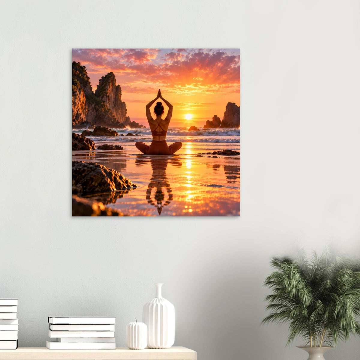 Yoga-Poster, mattes Papier (Hochformat): meditierende Person im Lotossitz vor Sonnenuntergang