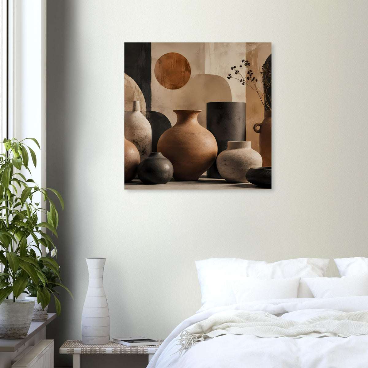 Gerahmtes Poster mit Stillleben aus Keramikvasen: Terrakotta, Beige und dunkle Akzente