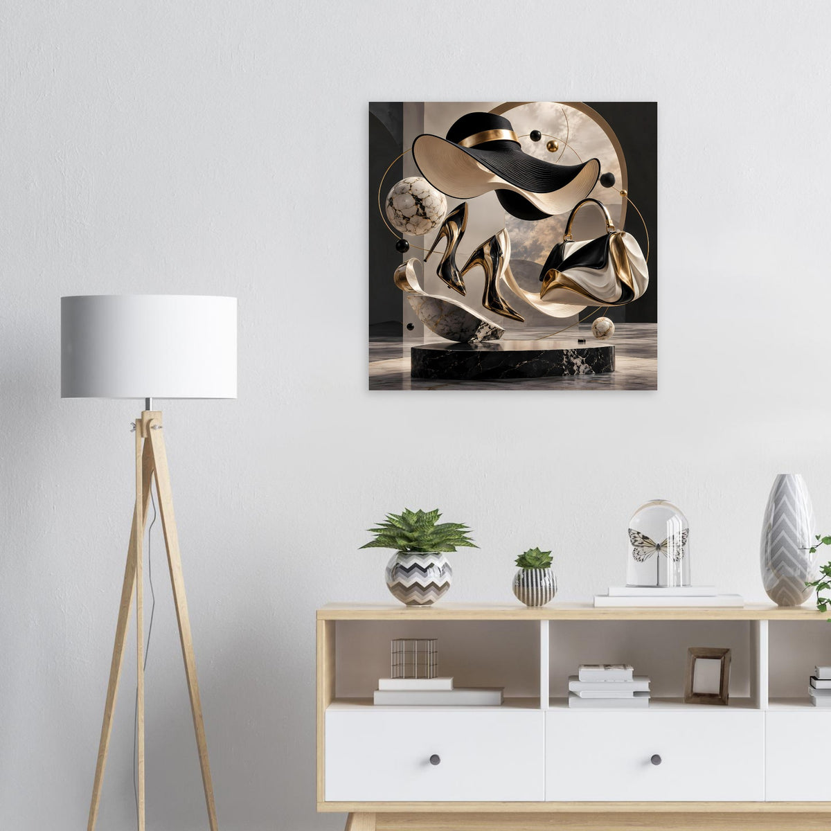 Gerahmtes Poster mit abstraktem Schwarz-Gold-Motiv und Hutfigur