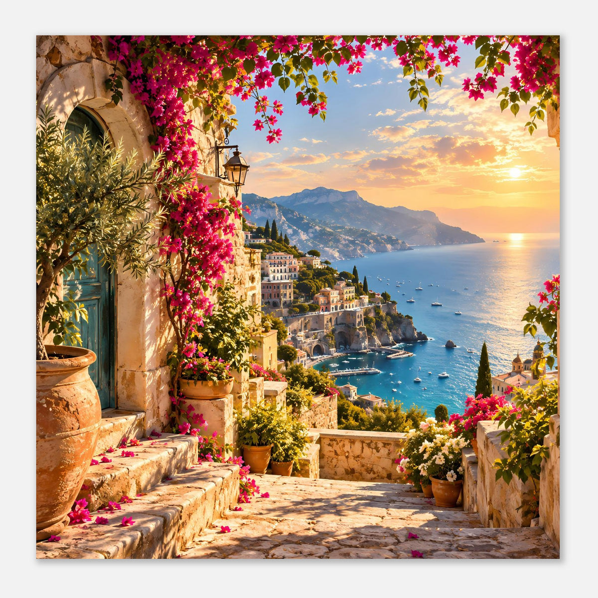 Poster mit Sonnenuntergang über dem Meer, mediterrane Fassade mit Blumentöpfen und Bucht