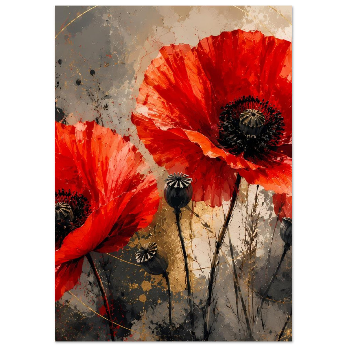 Poster mit zwei großen roten Mohnblüten und schwarzen Samenkapseln