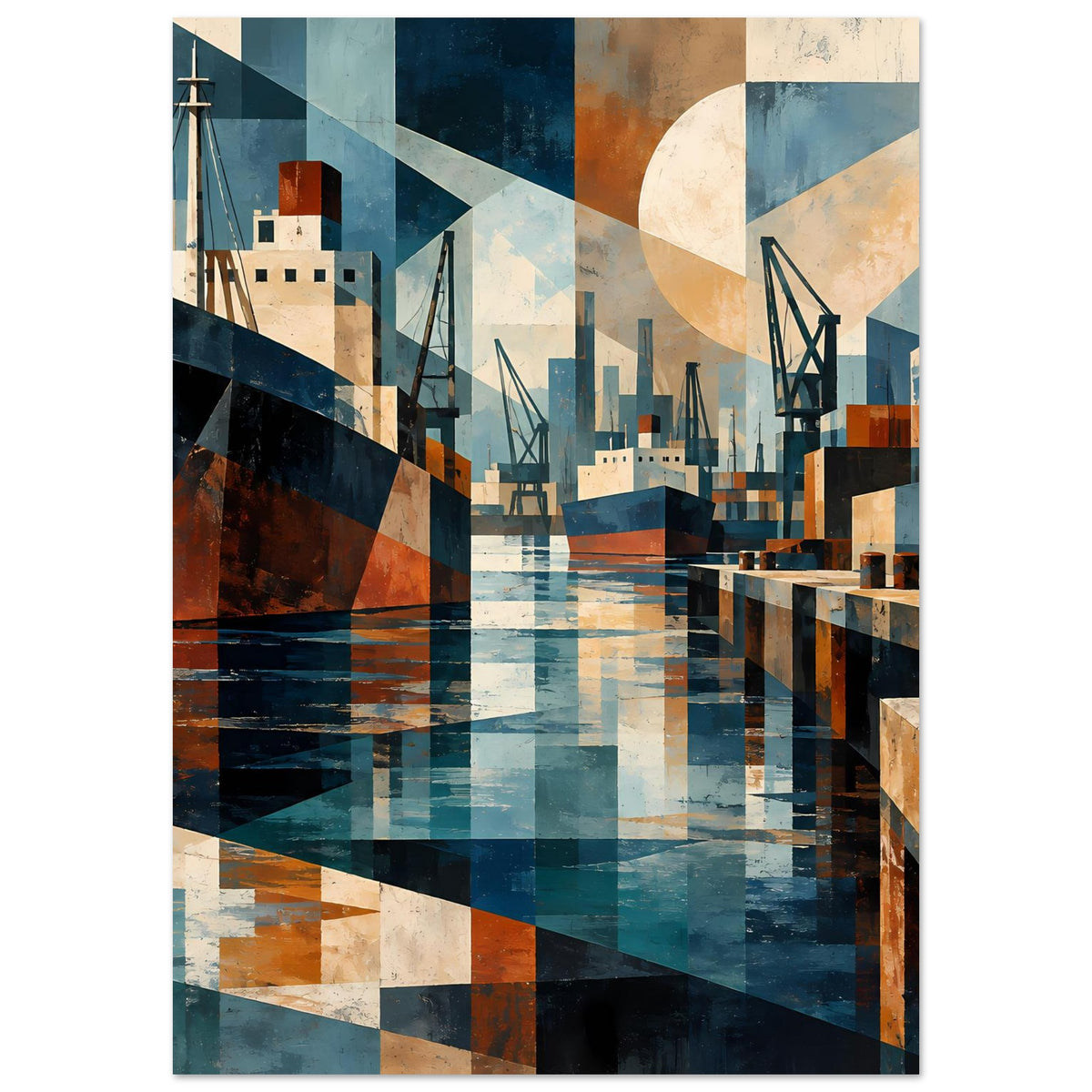 Hochformatiges geometrisches Hafenmotiv-Poster: Kaimauern, Kräne und Wasser in Blau