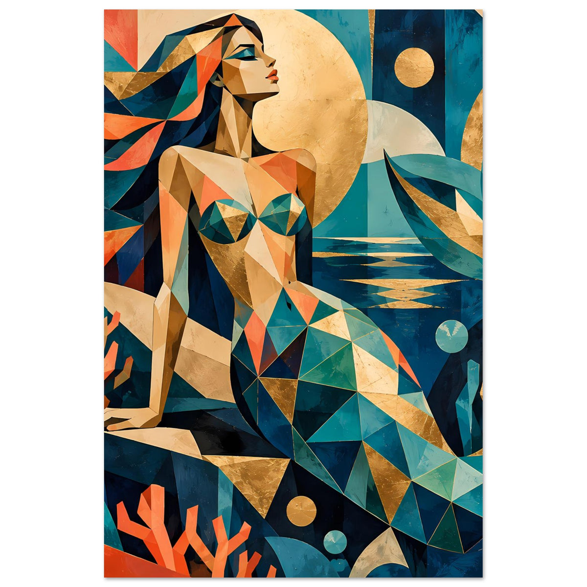 Kunstposter mit geometrischer Meerjungfrau in Türkis und Koralle, Hochformat