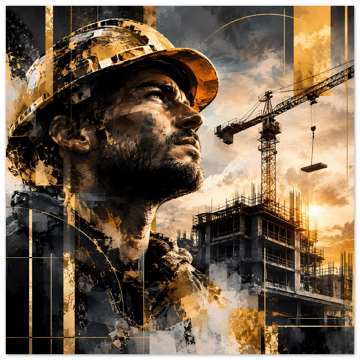 Quadratisches/nahes Posterbild: Bauarbeitergesicht mit Schutzhelm, Gold-Grau und Kräne