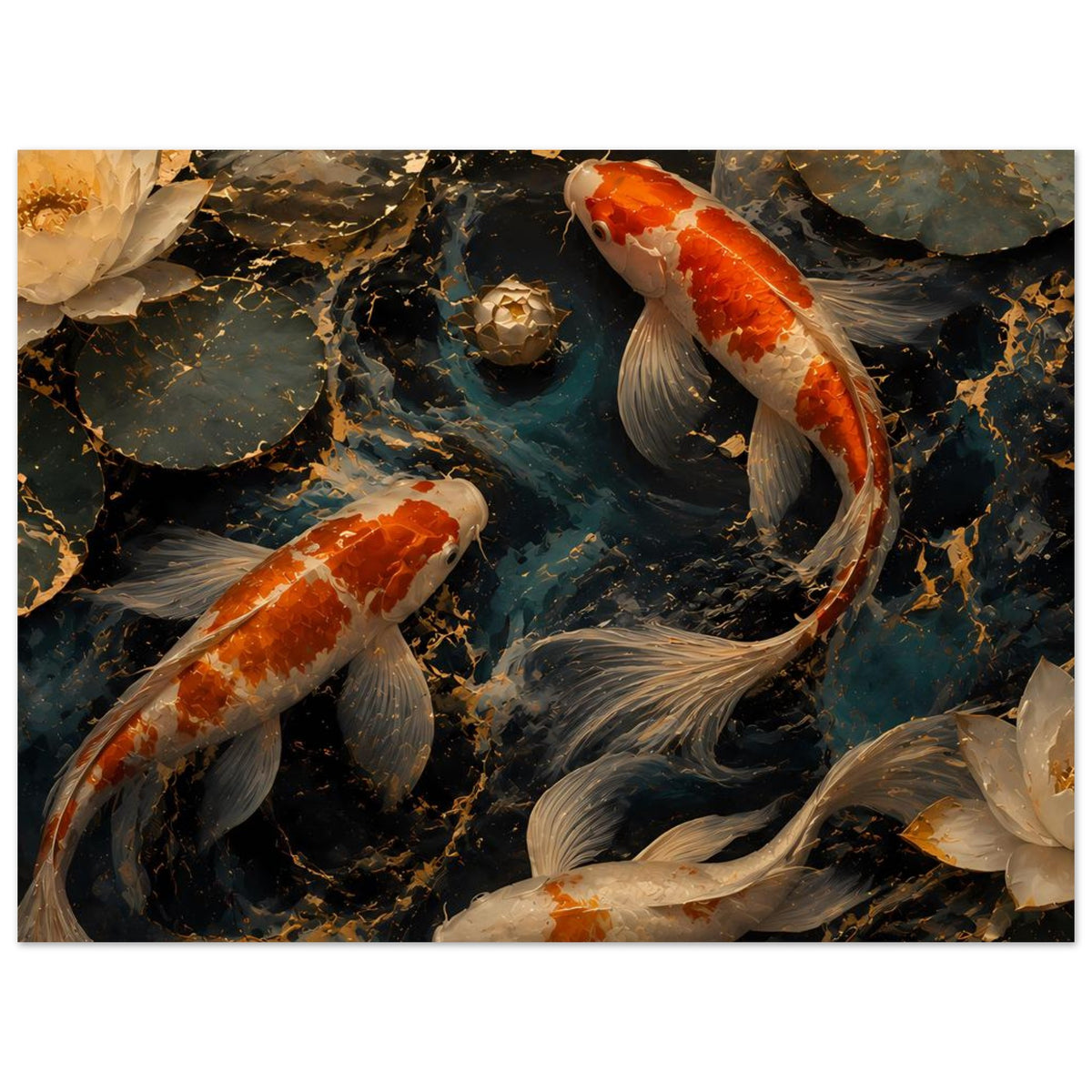 Koi-Teich Kunstposter mit orange-weißen Karpfen, dunkler Teichfläche und goldenen Akzenten.