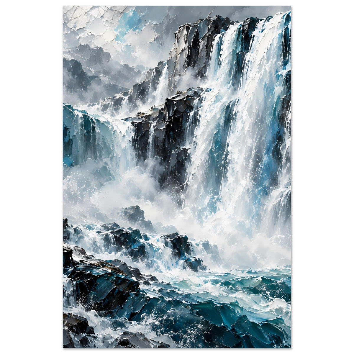Wasserfall-Poster im Hochformat mit Wasserfall rechts, Felsküste und türkisfarbenem Meer