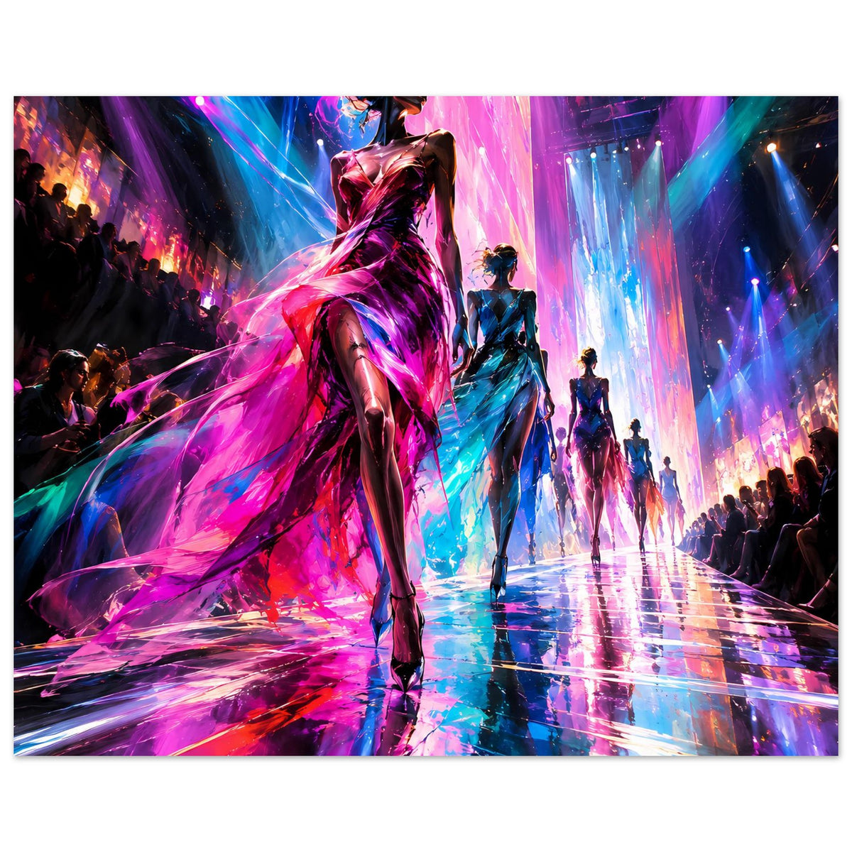 Mode-Poster mit Laufstegszene: vorderes Model in dunklem Kleid, pink-blaue Lichtstimmung