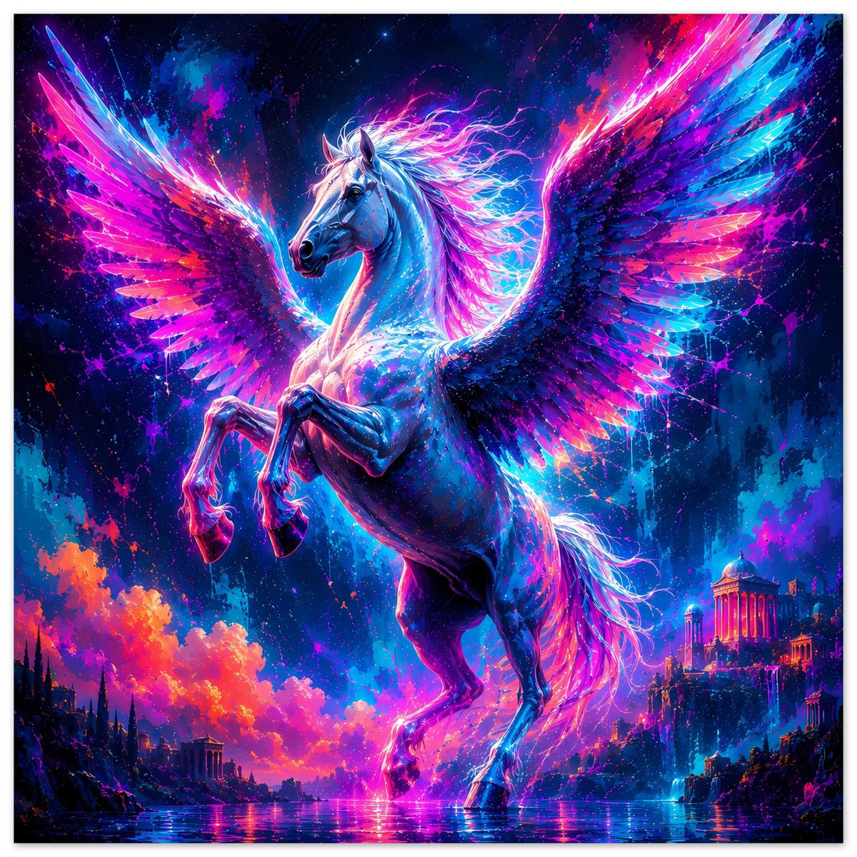 Leuchtendes Pegasus-Poster mit energetischer Pegasus-Figur, Flügeln und Regenbogen-Neonfarben