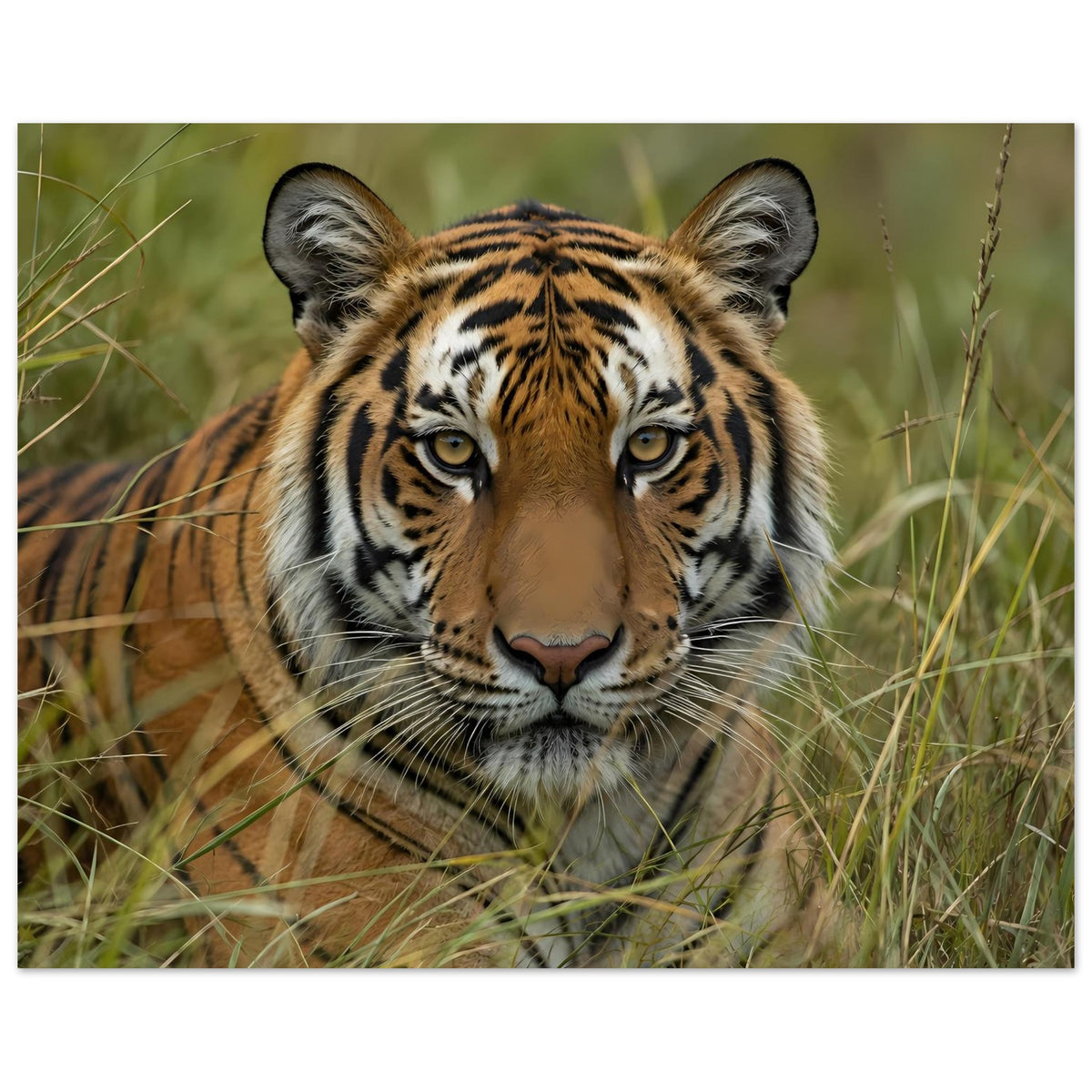 Wildtier-Poster: Tiger im Gras, Nahaufnahme mit klaren Augen und gestreifter Stirn