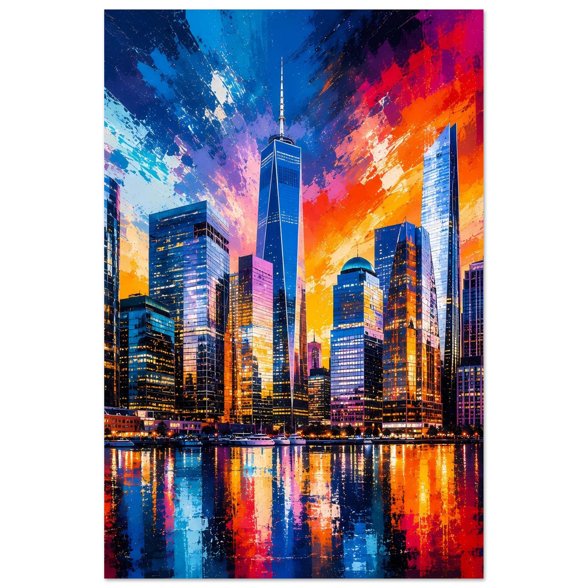 Stadtpanorama-Poster, vertikale Darstellung mit Skyline, buntem Himmel und spiegelndem Fluss