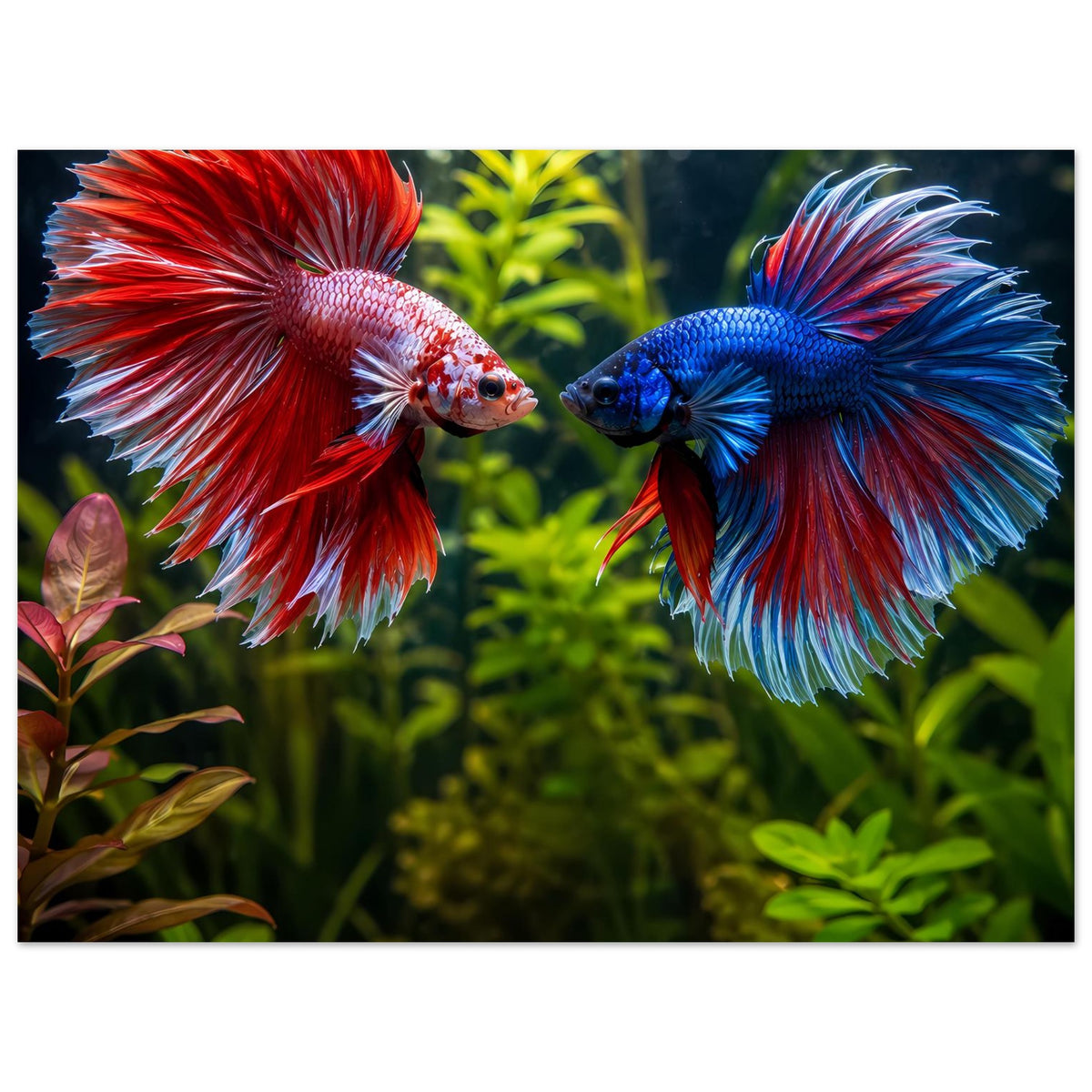 Poster im Querformat mit zwei Betta-Fischen: roter links, blauer rechts, kräftige Flossenfarben