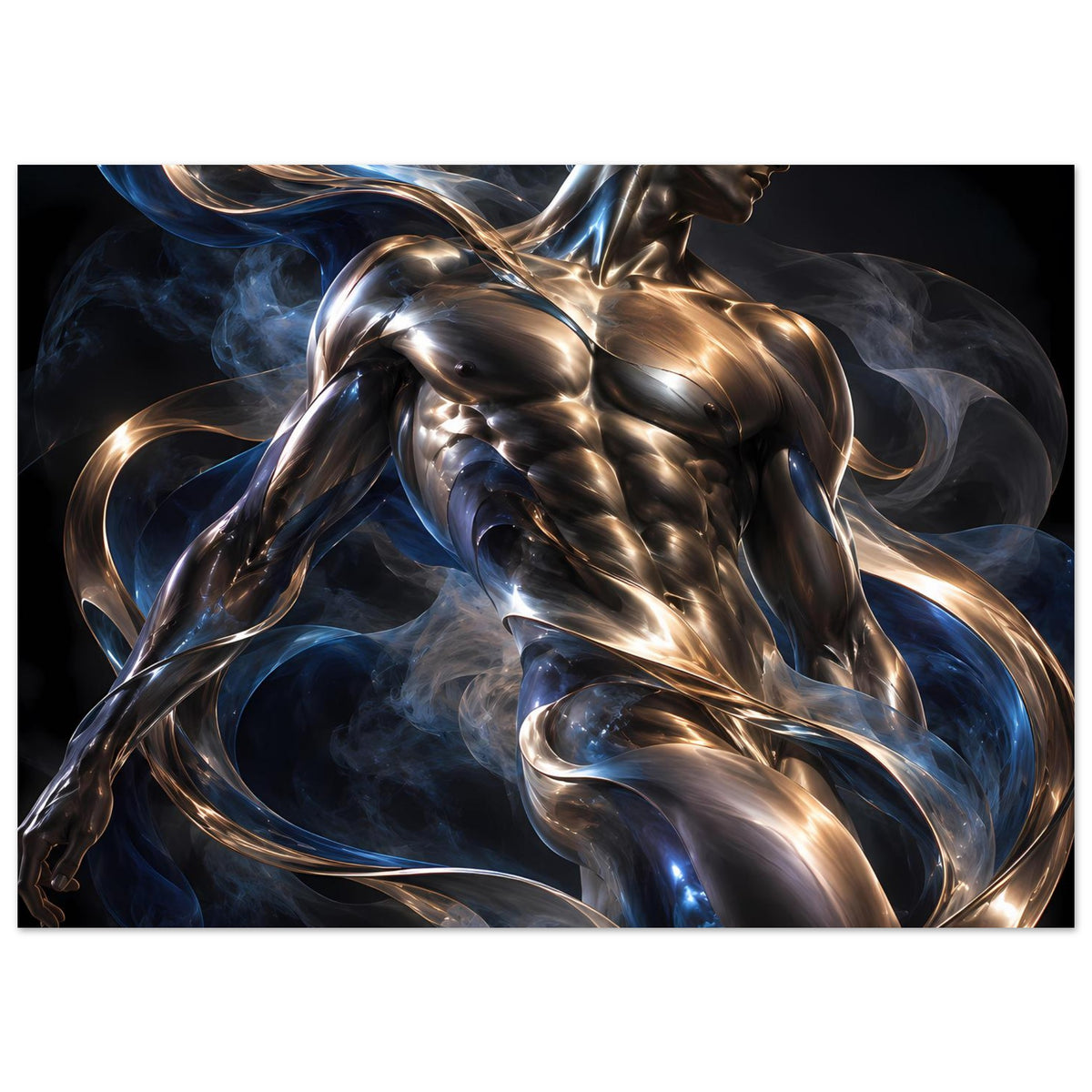 Kunstposter, horizontales Motiv: muskulöse silber-bronzene Figur mit blauen Rauchfäden
