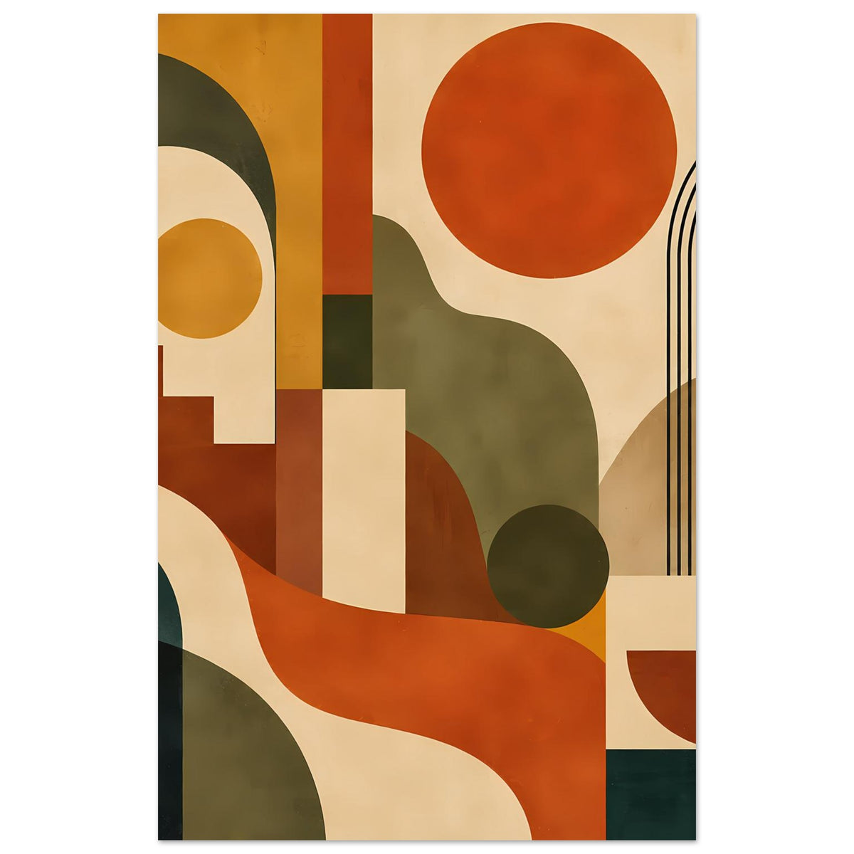 Abstraktes Poster: großer roter Kreis, grüne und orange Flächen, creme Linien und schwarze Streifen.