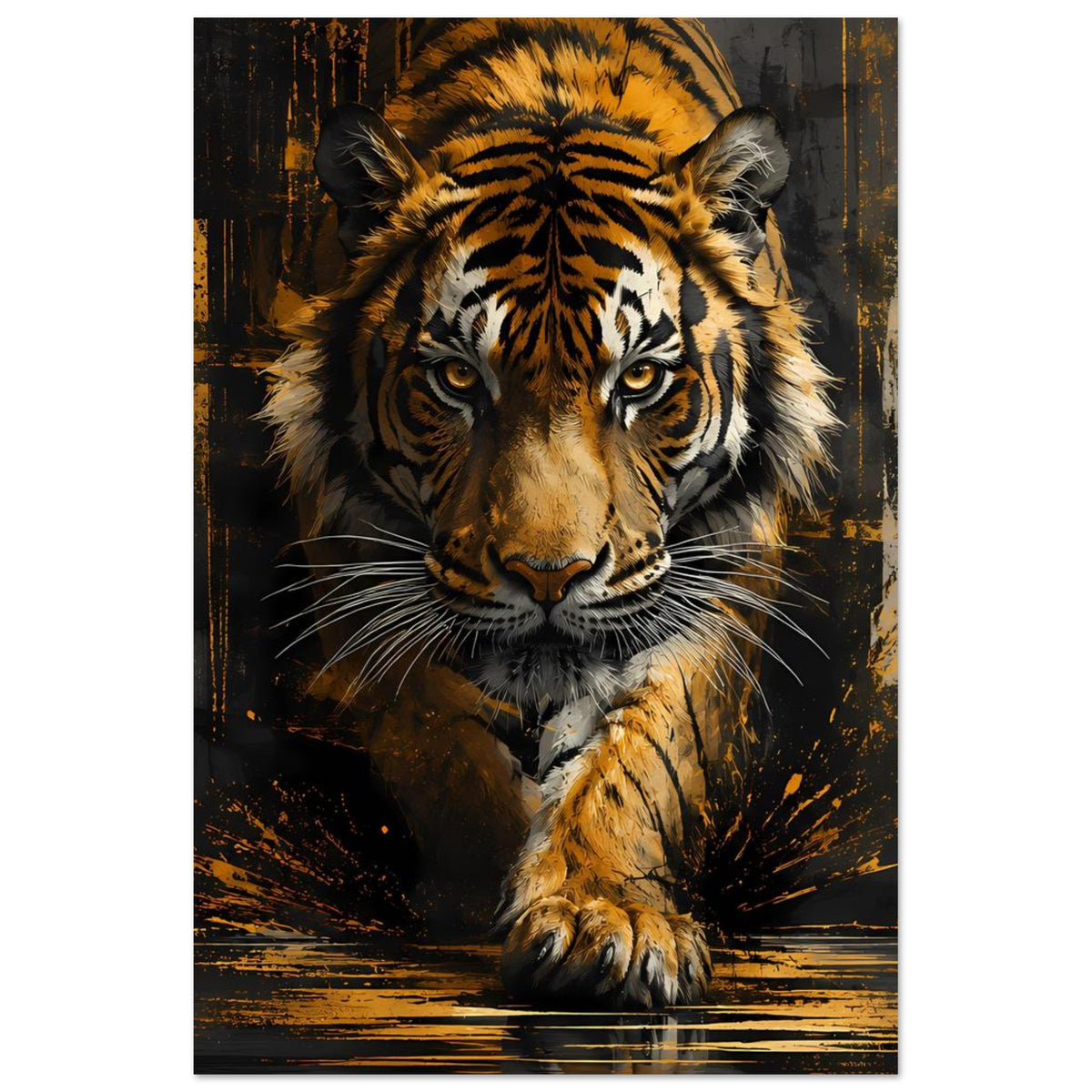 Tigerposter im Hochformat: Tigerkopf mit gelben Augen, goldbraunes Fell und Streifen