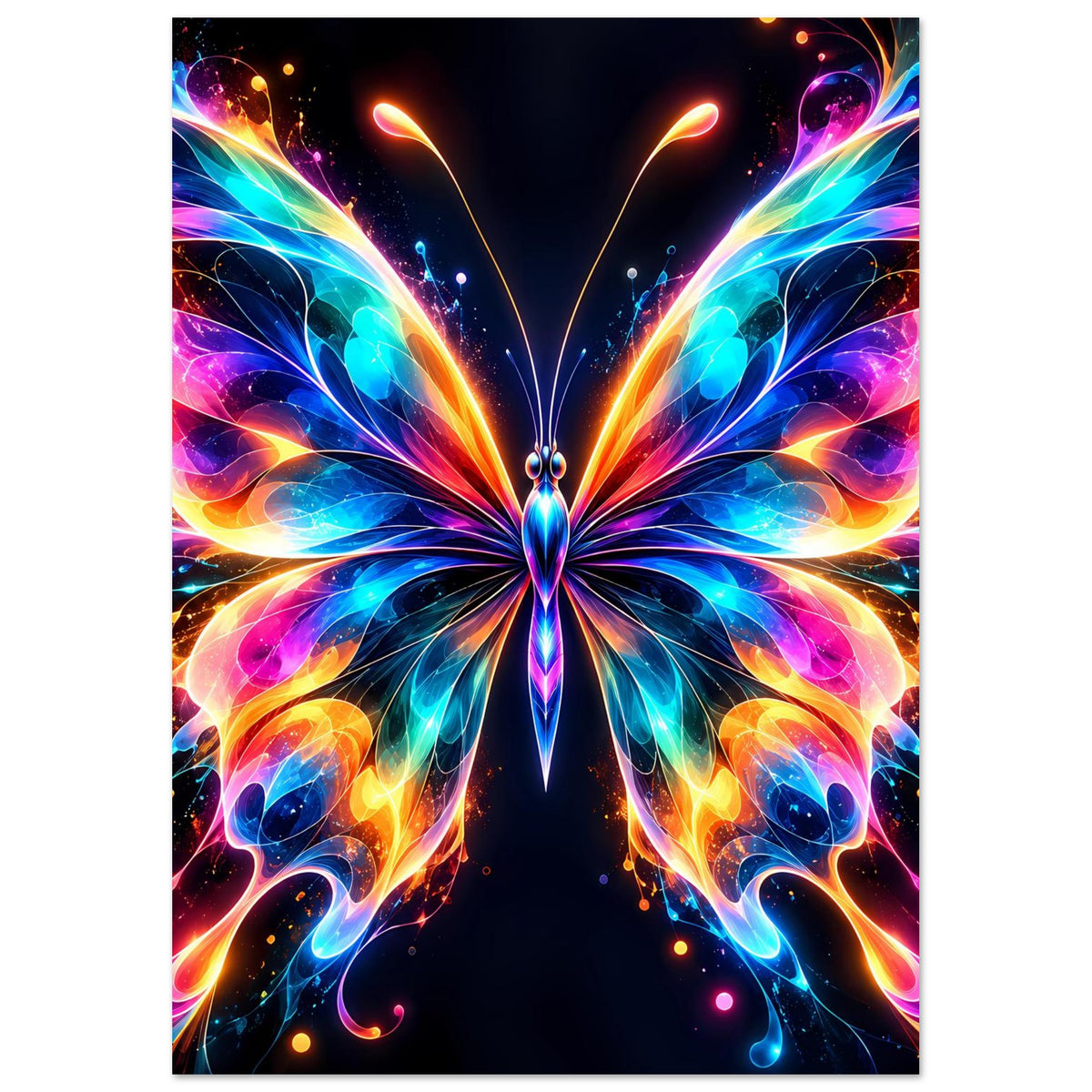 Neon-Schmetterling-Poster im Hochformat, farbige Flügel und zentraler Schmetterlingskörper